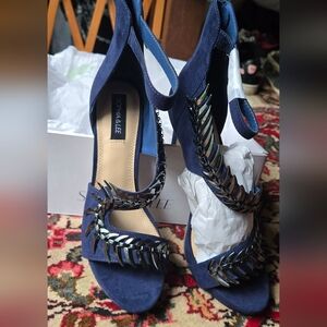 Sophia & Lee Navy Heels W/Silver Snake Jewel Detailing Sz7.5 STUNNING! NIB